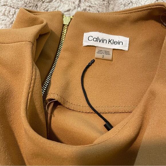 New Calvin Klein Tan Brown Short Sleeve Ruffle Wrap Dress - Picture 5 of 6